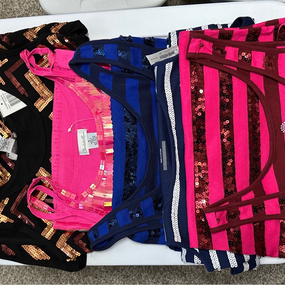 Lot of 5 Sequin Striped Tank Tops - Pink, Blue, black/copper and dark pink.